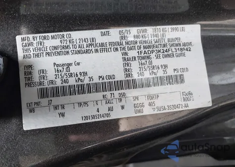 2015 Ford Focus Se z USA, uszkodzony, nr VIN 1FADP3K24FL318942